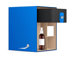 Blue Storage Box with Drawer and Medicine Bottle.