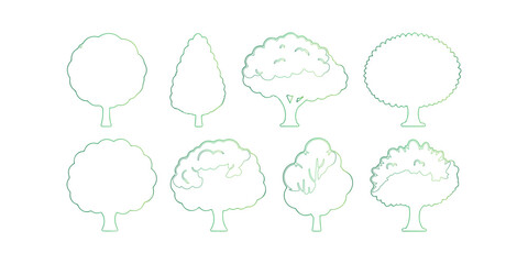 Collection of Eight Outline Tree Illustrations with Varying Shapes and Foliage Styles