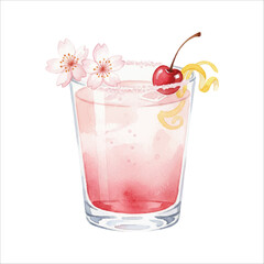 Watercolor Sakura Syrup Cocktail, Pink Floral Drink with Cherry Blossom and Lemon, Isolated on White Background
