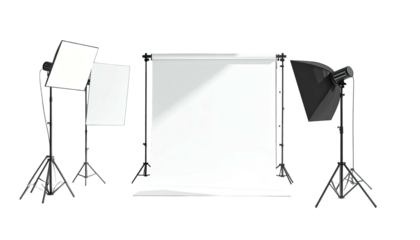 Studio set-up with a backdrop, softboxes, and lights on stands against black