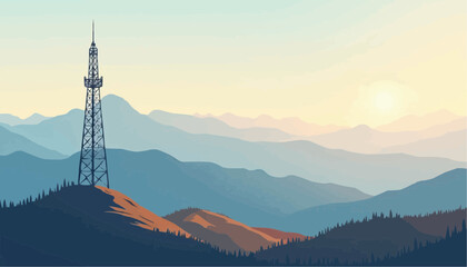Mountain Landscape with Communication Tower During Sunrise in Soft Pastel Colors