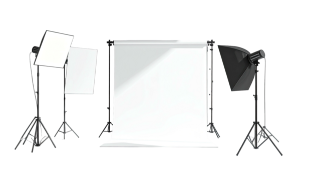 Studio set-up with a backdrop, softboxes, and lights on stands against black