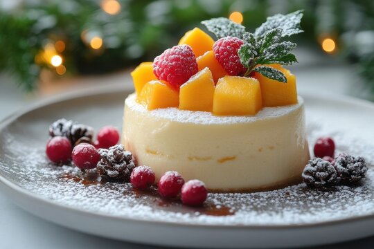 Dessert topped with fruit and powdered sugar.