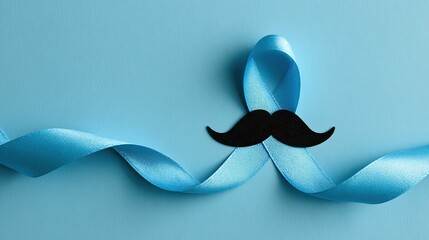 A simple modern design featuring a black mustache paper cutout and a light blue ribbon on a vibrant blue background to symbolize men's health, prostate cancer and World Diabetes Day awareness