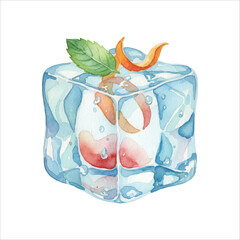 Crystal Clear Ice Cube Watercolor with Fruits Inside, Transparent Drink Cube Illustration Isolated on White
