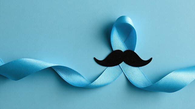 A simple modern design featuring a black mustache paper cutout and a light blue ribbon on a vibrant blue background to symbolize men's health, prostate cancer and World Diabetes Day awareness