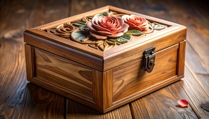 Ornate Wooden Decorative Box with Rose Carving.