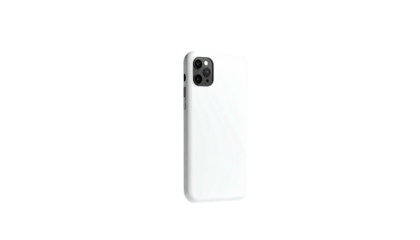 A white, slim phone in a case with a prominent camera bump on a black backdrop