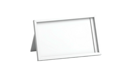 A white, rectangular frame standing upright on a small easel against black