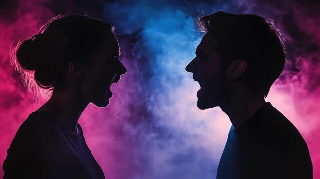 Silhouetted couple yelling at each other against a colorful, smoky background.