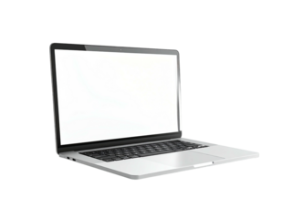 Angled view of a silver laptop with a blank white screen, on black background