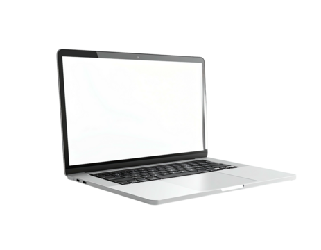 Angled view of a silver laptop with a blank white screen, on black background