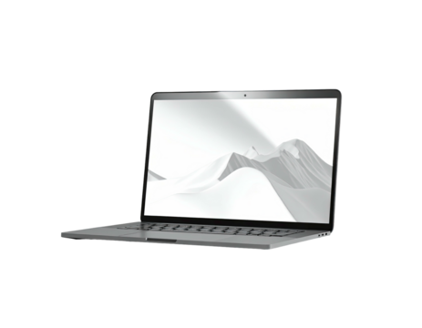 A grey laptop displays an abstract mountain landscape against a black background
