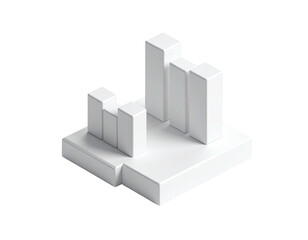 3D isometric white bars representing data on a platform, contrasting shapes on black