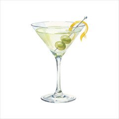 Watercolor Martini Cocktail Illustration on White Background
