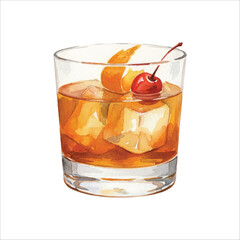 Watercolor Old Fashioned Cocktail Vector Illustration on White
