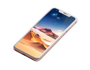 A smartphone displays a landscape with desert and stars, angled on black background