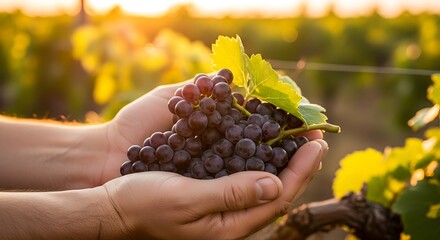 Harvested Grapes in Hands at Vineyard During Sunset.