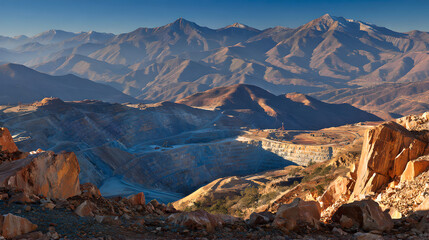 Fototapeta premium Panoramic long shot of a massive open-pit mine site carved into mountains at sunrise. 