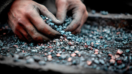Miner's hands sorting and examining small, glistening mineral fragments from a dark pile.
