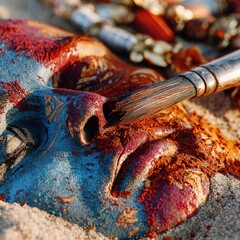 Realistic close-up of an ancient artifact being gently cleaned with a brush in soil, detailed textures, natural light, photorealistic, high resolution.