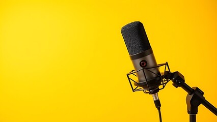 A studio microphone isolated on a bright yellow background, presented in a clean and minimalist product showcase.