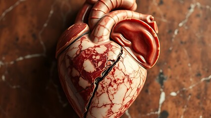 A marble-sculpted human heart cross-section with a glossy, fatty texture encroaching on one side.