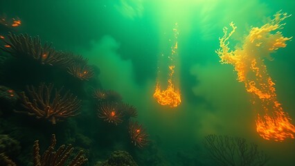 A terrifyingly beautiful underwater scene where the coral reef is consumed by an acidic neon-green and orange haze.