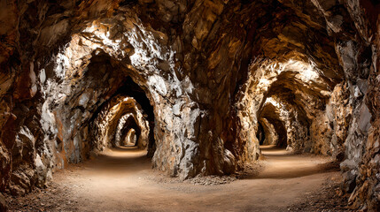 Naklejka premium Network of dimly lit, rough, cavernous mine tunnels disappearing into the distance underground. 