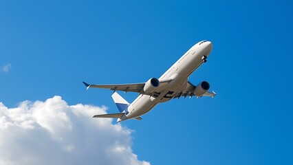 Commercial airliner ascending through clouds against blue sky, aviation.