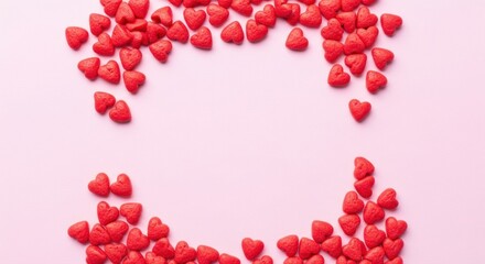 Obraz premium Red heart shaped sprinkles arranged on a light pink background with copy space in the middle area