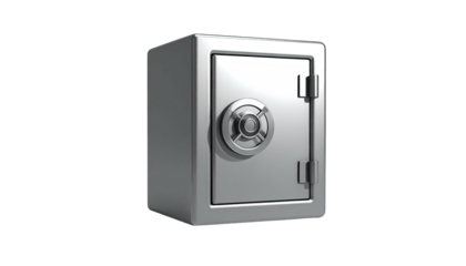 A shiny, chrome metal safe with a dial and a closed, secure door