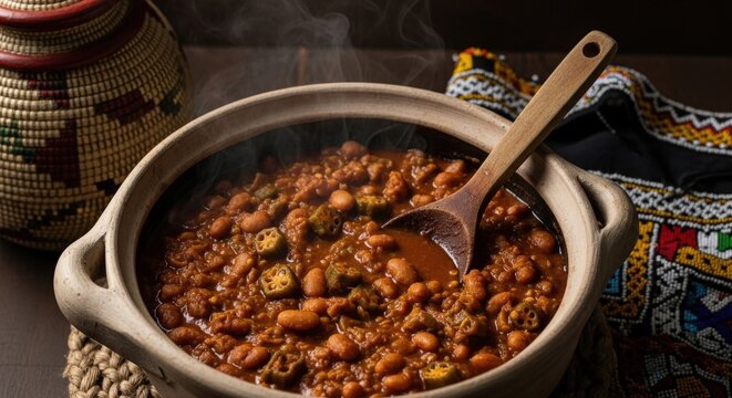 Mucilagem de Feij&atilde;o: Hearty Angolan Stew in Clay Pot with Chokwe Jar and Lunda Beadwork