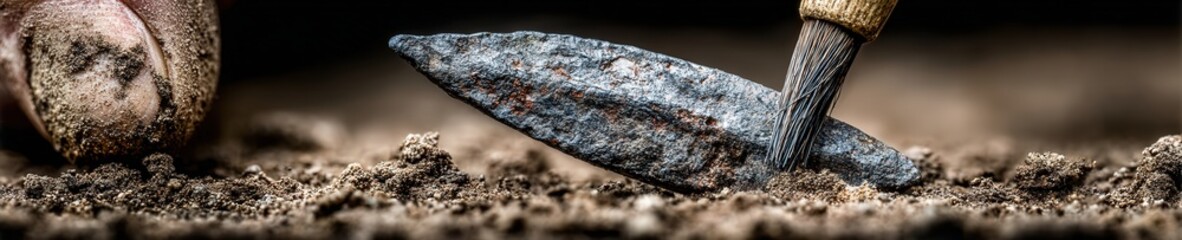 Realistic close-up of an ancient artifact being gently cleaned with a brush in soil, detailed textures, natural light, photorealistic, high resolution.