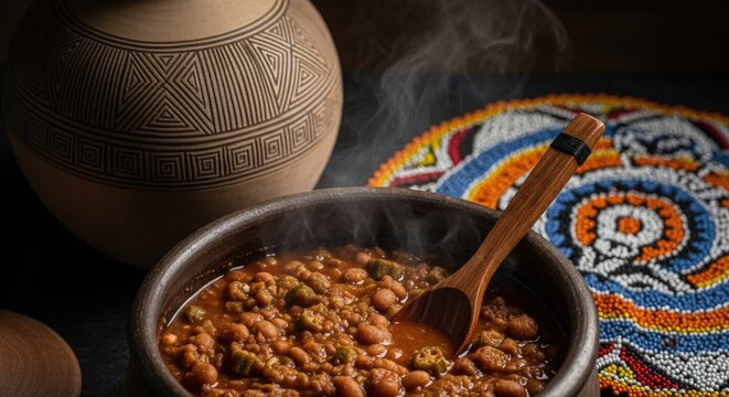 Mucilagem de Feij&atilde;o: Hearty Angolan Stew in Clay Pot with Chokwe Jar and Lunda Beadwork