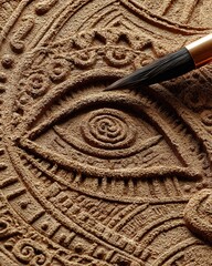 Realistic close-up of an ancient artifact being gently cleaned with a brush in soil, detailed textures, natural light, photorealistic, high resolution.