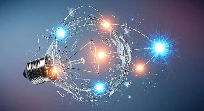 Conceptual illustration of innovation and technological breakthrough with an exploding lightbulb and a connected neural network