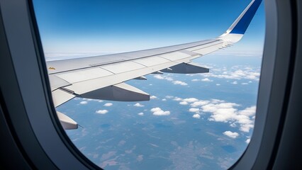 Airplane Wing View From Window with Blue Sky and Clouds