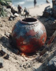 Realistic close-up of an ancient artifact being gently cleaned with a brush in soil, detailed textures, natural light, photorealistic, high resolution.
