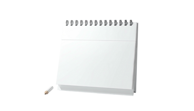 A simple desktop calendar with blank pages, accompanied by a pencil