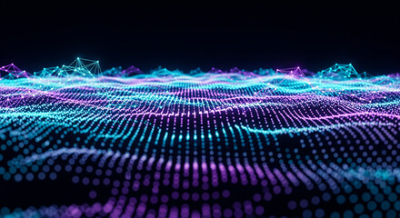 Futuristic abstract background with glowing blue and purple particle waves, creating a dynamic digital terrain concept for technology