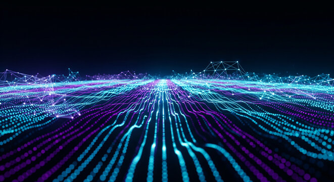 Futuristic digital landscape with glowing blue and purple data streams forming a network connection