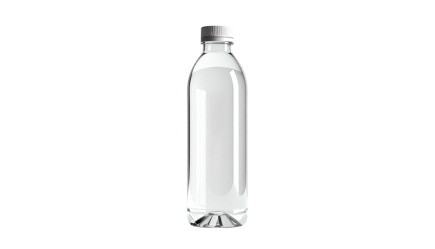 Clear plastic bottle filled with liquid against a stark black background