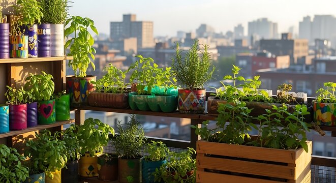 Vibrant urban balcony garden featuring lush herbs and plants, perfect for showcasing sustainable living, city gardening, or promoting eco-friendly urban design.
