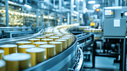 Automated conveyor belt system in a sleek white, gold, and silver factory, efficiently filling containers with liquid. Modern industrial equipment symbolizing precision and automation.