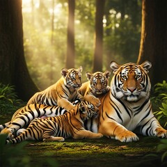 Obraz premium Tiger Family - A Portrait of Love and Protection in the Jungle.
