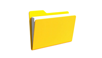 A three-dimensional, bright yellow folder filled with white paper on black