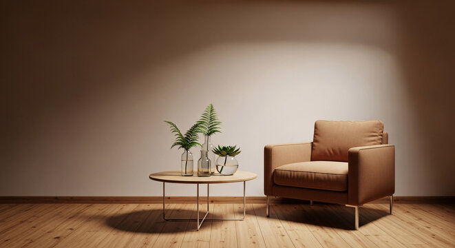 Minimalist Interior Scene with Armchair for Concept and Copy Space