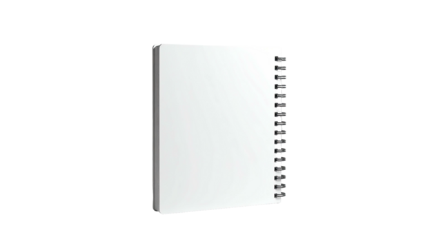 A vertical, open, white-paged spiral notebook against a stark black background
