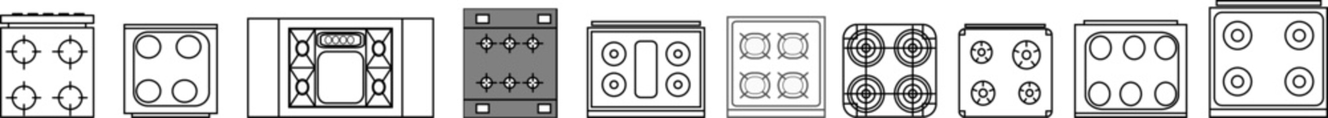 Line-drawn kitchen stove and cooktop icons — includes gas, electric, and modular designs for interior planning, architectural visualization, or UI/UX design.